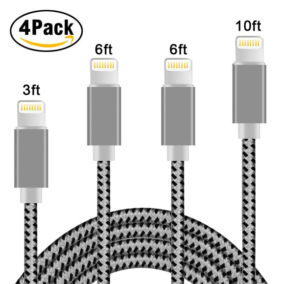 Phone Charger, 4Pack 3FT 6FT 6FT 10FT Nylon Braided Lightning to USB Syncing Data and Fast Charging Cable (2A Grey)