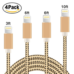 Phone Charger,4Pack 3FT 6FT 6FT 10FT Nylon Braided Lightning to USB Syncing Data and Fast Charging Cable (2A Gold)