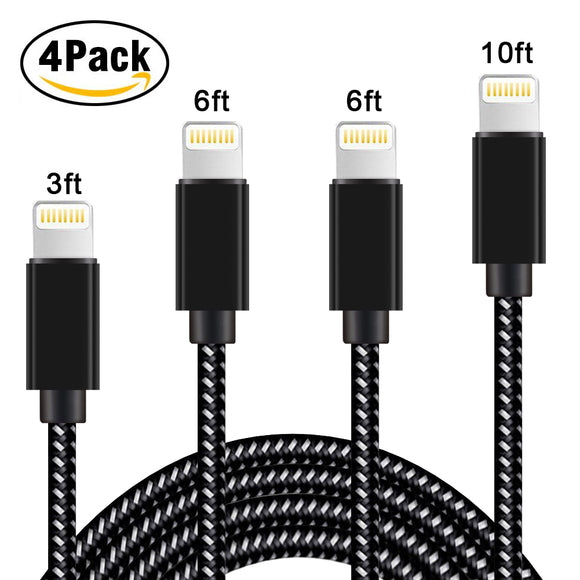 Phone Charger, 4Pack 3FT 6FT 6FT 10FT Nylon Braided Lightning to USB Syncing Data and Fast Charging Cable  (2A Black)